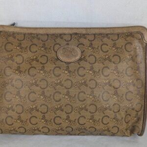 CELINE Paris Vintage Horse Carriage Monogram Brown Zipper Clutch Brown Bag